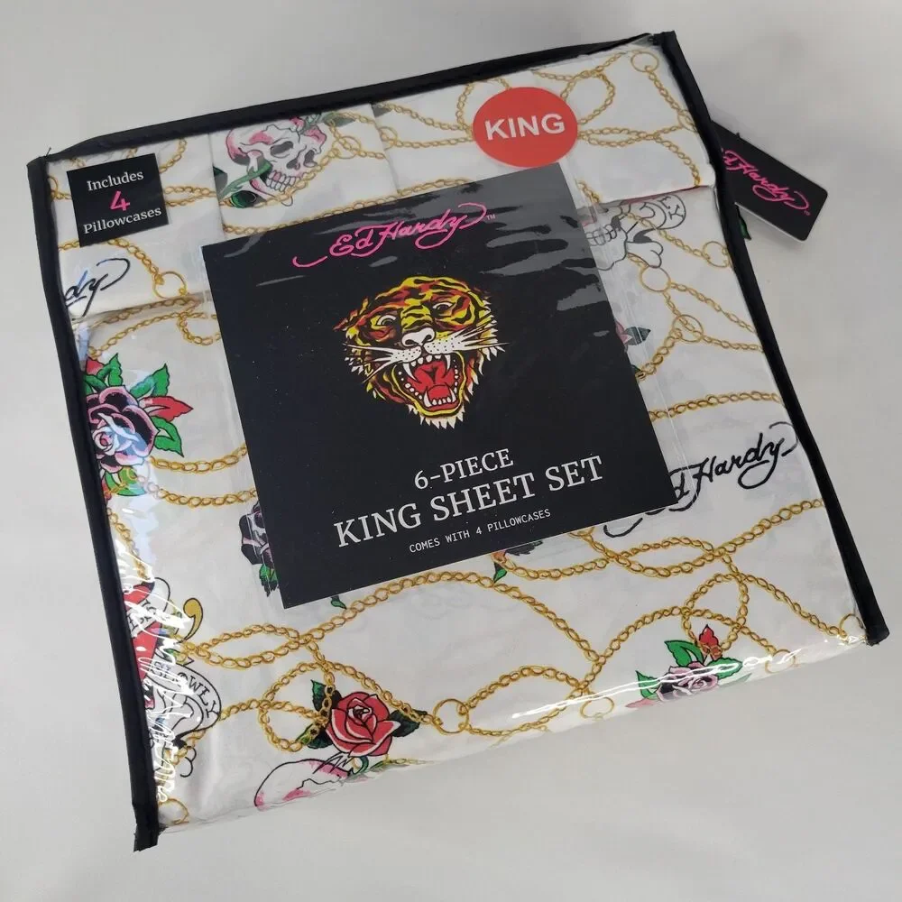Ed Hardy KING Sheets Set 6pc White Pink Skull Roses Gold Chain Love Kills Tattoo
